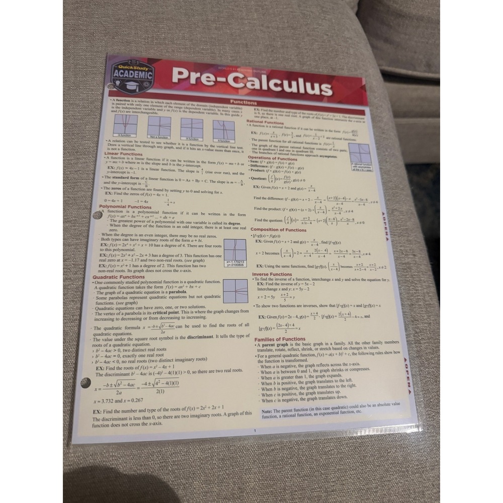 QuickStudy Academic Pre-Calculus Laminated Study Guide BarCharts Reference Guide